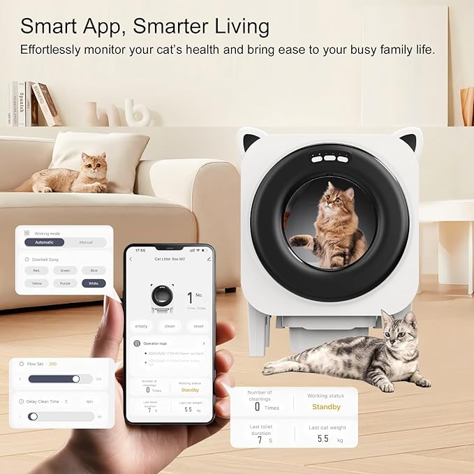 BZW Self Cleaning Litter Box, Large Capacity Automatic Cat Litter Box Self Cleaning for Cats, App Control, Safety Protection, 1 Roll Garbage Bags, Black