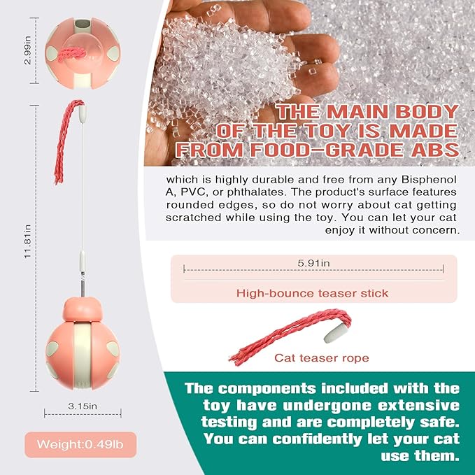 Cat Puzzle Toys,Slow Feed Dispensing Cat Toy with Cat Teaser Wand,Never-Knockover Wobble Design, Health Benefits and Weight Loss (Pink)