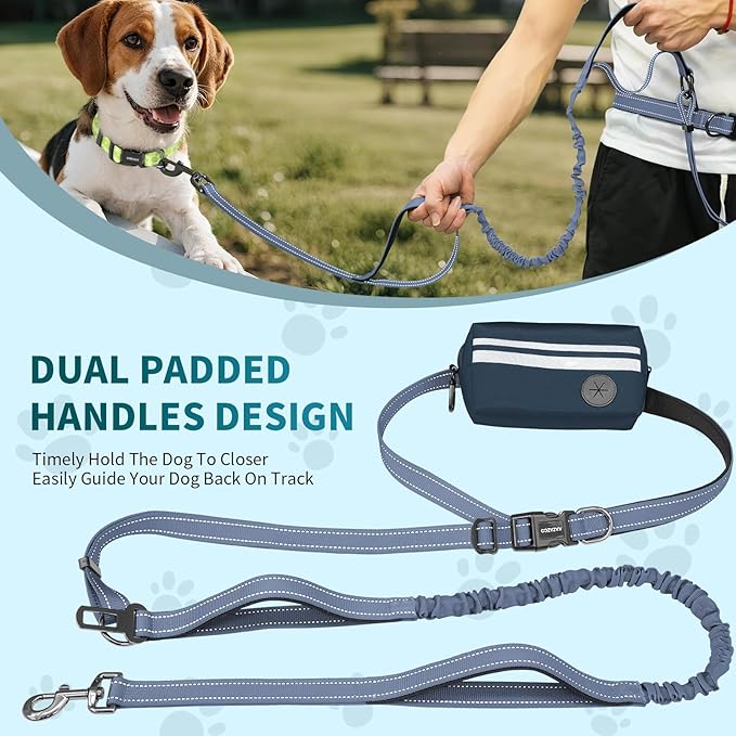 Hands Free Dog Leash with Removable Zipper Pouch, Dual Padded Handles and Durable Bungee for Walking, Jogging and Running-Navy Blue