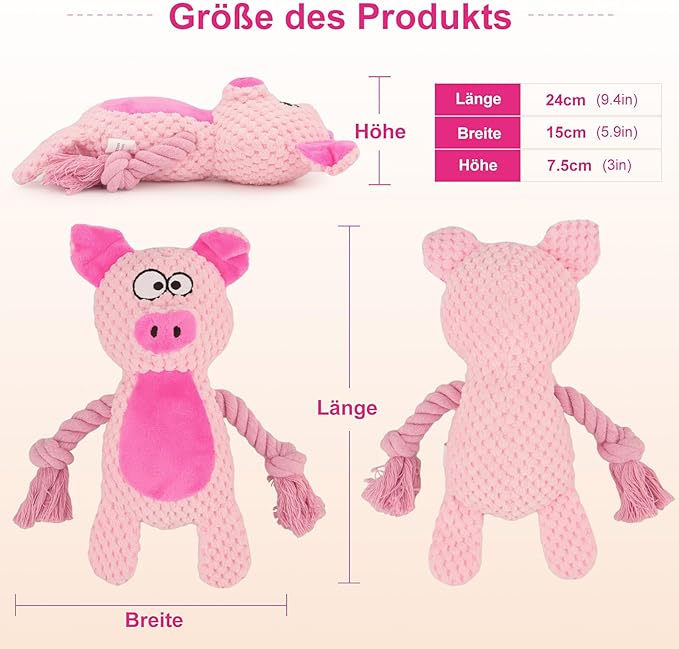Dog Toys, Dog Squeaker Toys with Crinkle Paper, Stuffed Animal Dog Plush Chewing Toy, Cotton Rope Interactive Toys for Puppy, Small, Middle Dogs (Pink Pig)