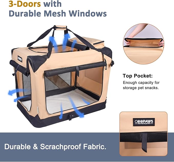 JESPET 36'' Soft Dog Crates Kennel for Pets, 3 Door Soft Sided Folding Travel Pet Carrier with Straps and Fleece Mat for Dogs, Cats, Rabbits, Grey Blue & Beige (36" L x 24" W x 27" H, Beige)