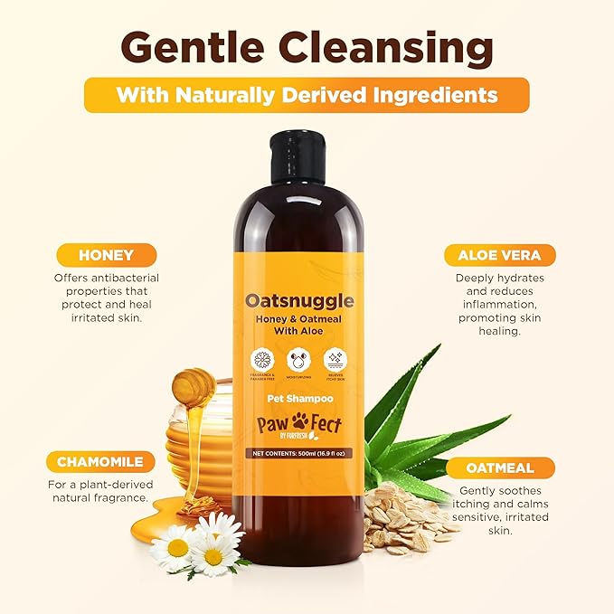 Honey & Oatmeal 16.9 oz Pet Shampoo for Dogs, Soothing Natural Formula with Colloidal Oatmeal, Aloe & Honey - Relieves Itchy Dry Skin, No Sulfates or Parabens, Gentle, Chamomile Scented