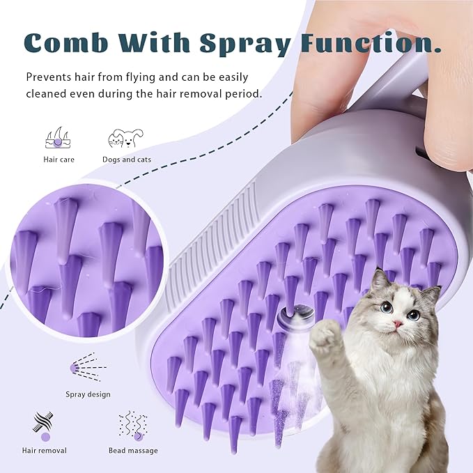 Cat Brush Cat Steam Brush Rechargeable Steamy Pet Grooming For Shedding, Water Spray Massage Brushs, Dog Hair Removal Self Cleaning Brushs Steamer Wet Spa Comb (Purple)
