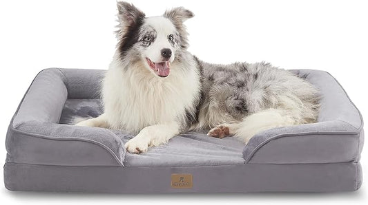 Bedfolks Orthopedic Dog Bed, Big Waterproof Dog Sofa Bed for Large Dogs, Egg Foam Pet Couch Bed with Removable Washable Cover and Nonslip Bottom, Light Grey