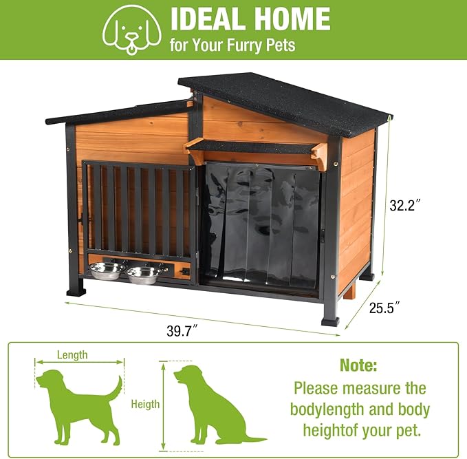 GUTINNEEN Outdoor Dog House Insulated Large Weatherproof Dog Shelter with Chew-Proof Full Metal Frame, 360° Rotatable Spill-Proof Bowl, Openable Roof, Removable Inner Floor for Dogs