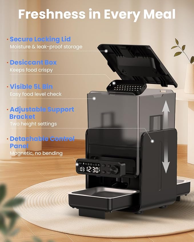 Automatic Cat Feeder for 2 Cats, 5L/20 Cups Food Dispenser with Adjustable Raised Double Bowls, Detachable Control Panel, Timed Cat and Dogs Feeder for Dry Food, Dual Power Supply