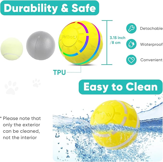 Petbobi Active Rolling Ball for Dogs - 2025 New Upgrade 2 Modes Interactive Dog Toys, USB Rechargeable Motion Activated Self Moving, Durable Pet Ball for Small Medium Large Breeds, LED Light, Yellow