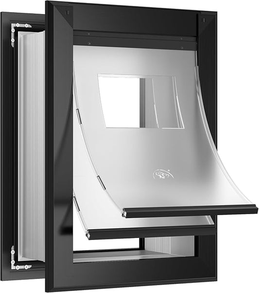 Large Dog Door for Wall, Heavy Duty Dog Door with Aluminum Frame and Telescoping Tunnel, Two Magnetic Flaps and Two Sliding Lock Panels, Up to 110lbs, Black.