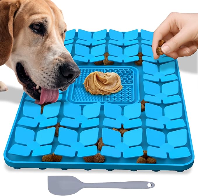 Lick Snuffle Mat for Dogs & Cats with Suction Cups, 2 in 1 Silicone Pet Food Mats Interactive Slow Feeder Licking Toy for Anxiety Relief, Upgraded Lick Mats for All Breeds (Blue, 16.7in x 11.4in)