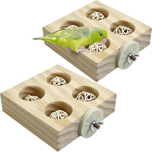 Hamiledyi 2 Pack Wooden Foraging Bird Toys - Interactive Slow Feeder Enrichment for Conures, Budgies & Lovebirds | Cage Climbing Puzzle Toys for Small Parrots Promoting Natural Pecking Behavior