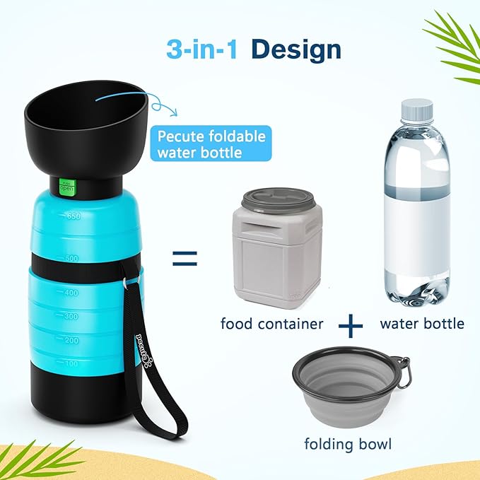 Pecute Dog Water Bottle Portable 22 oz with 5 oz Food Container, Poop Bag Holder, Portable Dog Water Bottle Dispenser, Leakproof, Lightweight, Pet Water Bottle for Dogs Outdoor Travel Walking