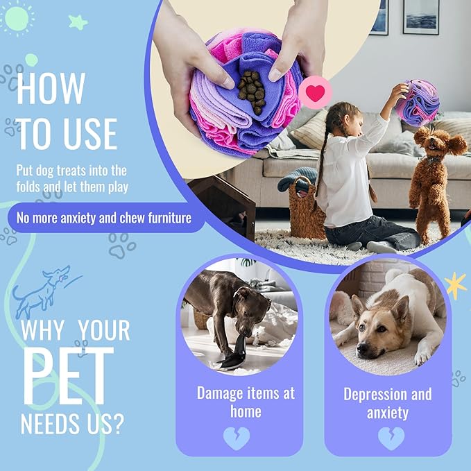 Pet Snuffle Ball, Puzzle Sniffing Interactive Dog Ball for Blind Dogs Training Stress Relief Dog Enrichment Toys Treat Machine Washable (15cm, Pink and Purple)