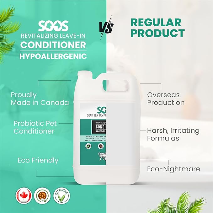 Soos Pets Pet Conditioner Natural Dead Sea Hypoaller-genic Revitalizing Leave-in Deeply Absorbing with Vitamins Essential Oils Natural Elements for Dogs and Cats - 1x Pet Conditioner (4L / 1.32 gal)