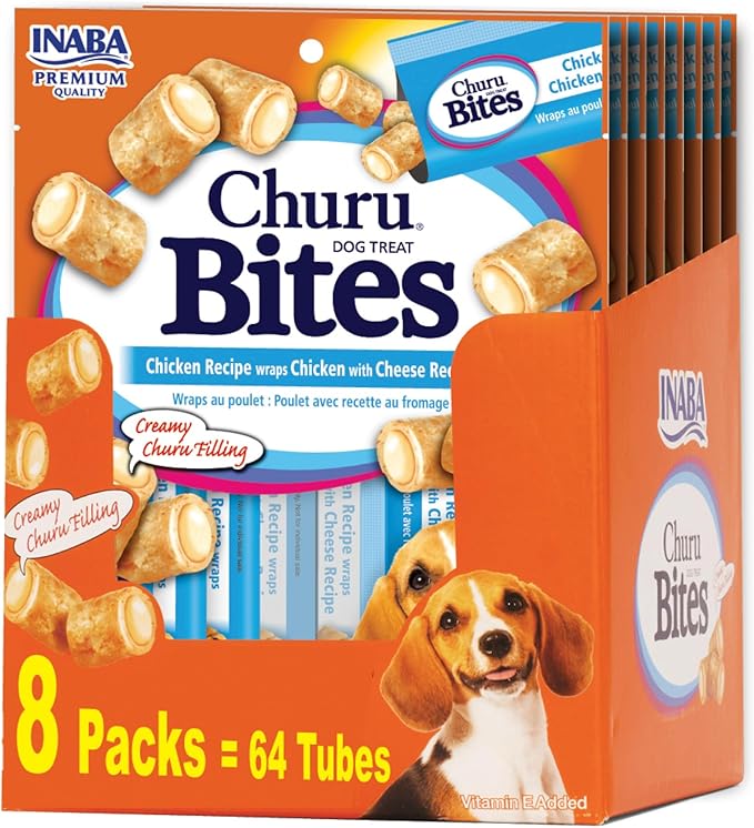 INABA Churu Bites for Dogs, Soft & Chewy Dog Treats, 0.42 Ounces Each Tube, 64 Tubes Total (8 Tubes per Pack), Chicken with Cheese Recipe