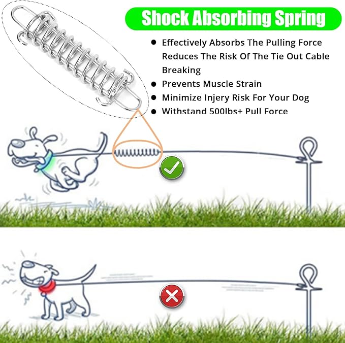 Jenico Dog Tie Out Cable - 10/15/20/30/40/50/70/100/150FT Runner Cable with Swivel Hook and Shock Spring, Outdoor and Camping Dog Leash Run Tether for Small to Medium Pets Up to 500 LBS