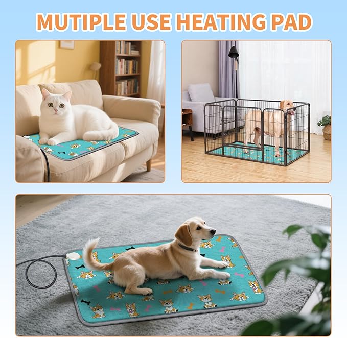Large Pet Heating Pad (30x47in) Temperature Adjustable Dog Cat Heating Pad with Timer, Waterproof Heated Cat Bed Mat with Chew Resistant Cord