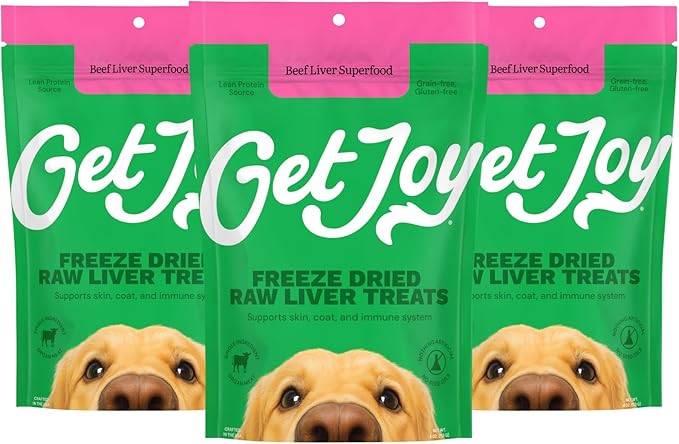 Get Joy Freeze Dried Superfood 100% Beef Liver Dog Treats, 4 Ounce Bag (Pack of 3), Single Ingredient Organ Meat, High Protein, Vision, Skin & Coat Health, Grain Free, Gluten Free, Made in USA