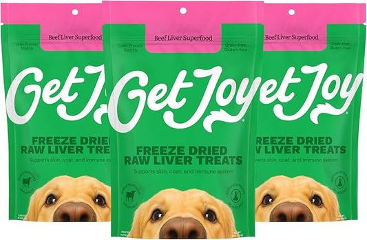 Get Joy Freeze Dried Superfood 100% Beef Liver Dog Treats, 4 Ounce Bag (Pack of 3), Single Ingredient Organ Meat, High Protein, Vision, Skin & Coat Health, Grain Free, Gluten Free, Made in USA