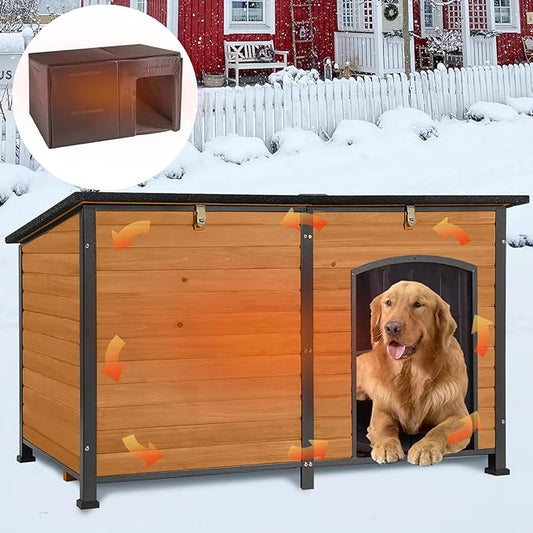 GUTINNEEN 59.1" Extra Large Dog House Outdoor Insulated for Winter with Durable Metal Fame, Brown