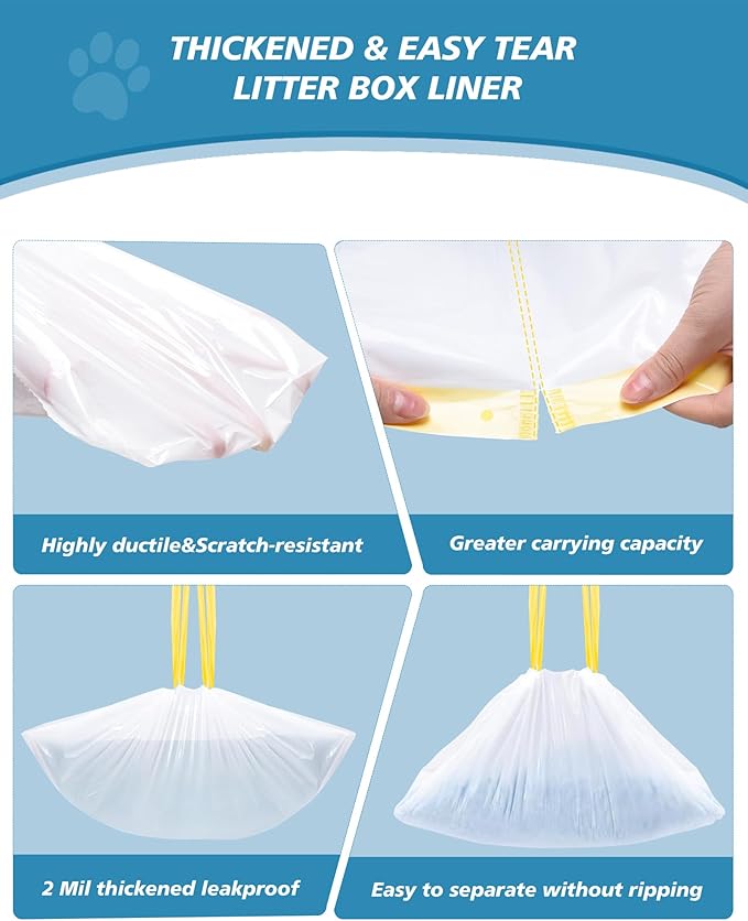 KONE 45 Count Litter Box Liners, Pet* Scoopfree Self-Cleaning Box Liners, Automatic Kitty Litter Bags, Thickened & Leak-Proof Drawstring Cat Litter Waste Bags, Disposable Refill Tray Rectangle Bags