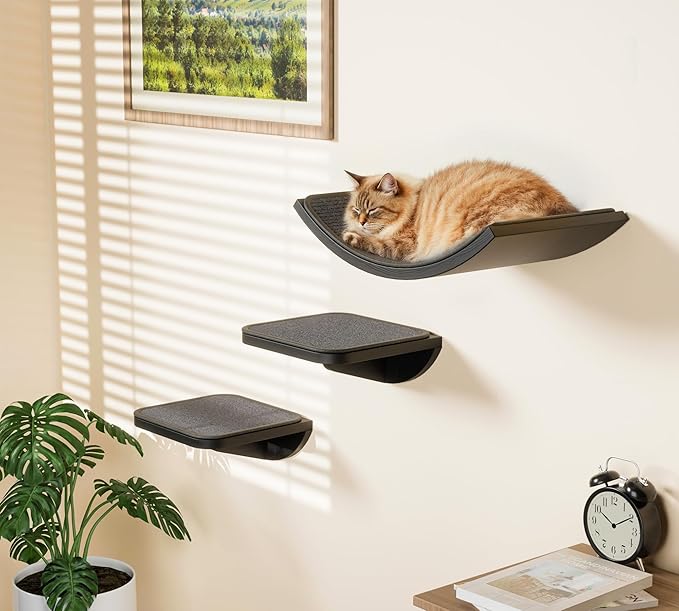 Gray Cat Wall Shelf with Grey Sisal Mat, Curved Cat Bed for Scratching and Resting, Wall Mounted Hammock for Large Cats