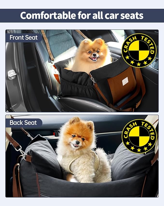 Dog Car Seat for Dogs - Waterproof Dog Booster Seat for Car with Storage Pockets, Clip-On Safety Leash and Soft Plush Cushion, Pet Travel Carrier Bed with Durable Belts up to 25 lbs (Brown, Medium)