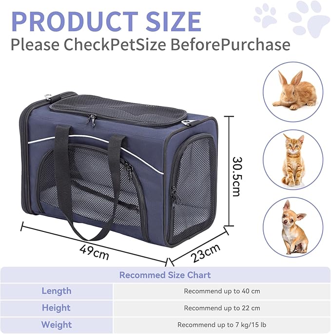 ‌Petsfit Airline Approved Pet Carrier for Small Dogs & Cats, 19x9x12 TSA Approved Carrier, with Removable Dual-Sided Padding (2-Way Placement) - Fits Under Most Airplane Seats, Escape Proof (Navy)