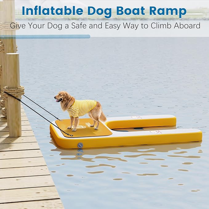 Inflatable Dog Boat Ramp, 47" L x 32" W x 6" H Perfect for Mid-Sized Pets Up to 220 lbs, Boat Water Ladder with Claw-Friendly High Stability Non-Slip EVA Float for Pool, Lake, Dock & Seat