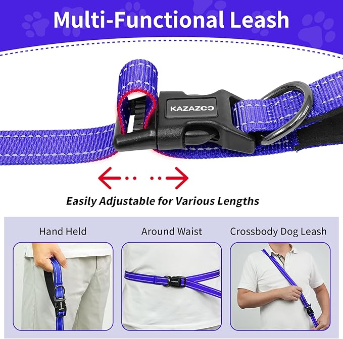 Hands-Free Dog Leash with Adjustable Length 6-9FT + Dual Padded Handles Reflective Safety for Walking, Jogging & Training | Suitable for Medium to Large Dogs & Puppies Blue-L