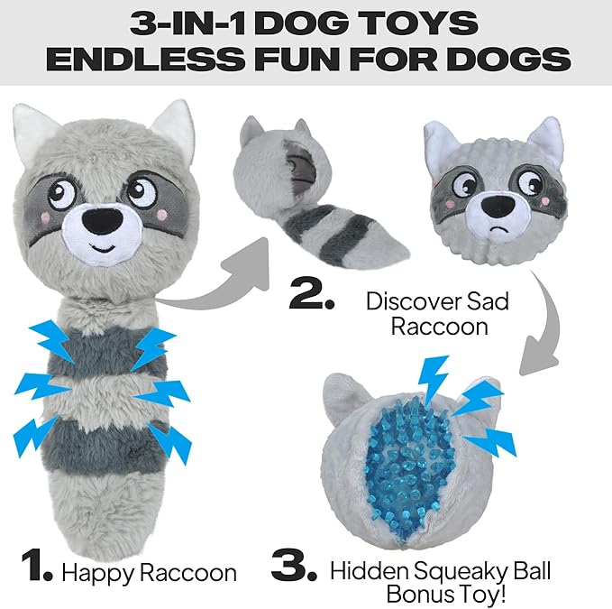 Fida Squeaky Dog Toys for Aggressive Chewers 3 in 1, Dog Chew Toys with 3 Layers,Interactive Dog Toys for Large Dogs Balls to Keep Them Busy for Small Medium Dogs(Raccoon)