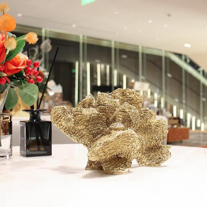Gold Coral Statue Faux Coral Decor Resin Sea Coral Reef Statue Tabletop Decoration Coral Sculpture Home Decoration Coastal Beach Decorations for Home for Living Room