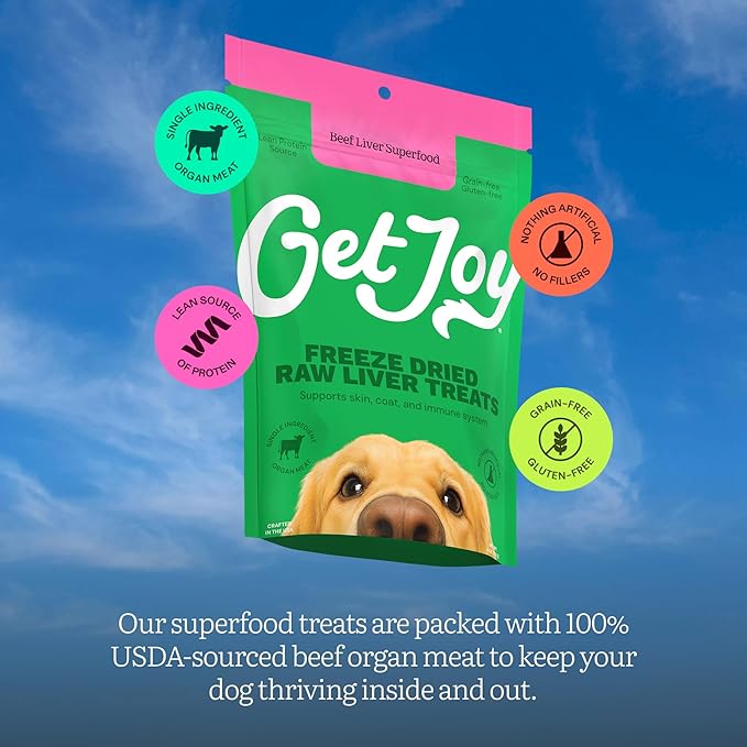 Get Joy Freeze Dried Superfood 100% Beef Liver Dog Treats, 16 Ounce Bag, Single Ingredient Organ Meat, High Protein, Vision, Skin & Coat Health, Muscle Repair, Grain Free, Gluten Free, Made in USA