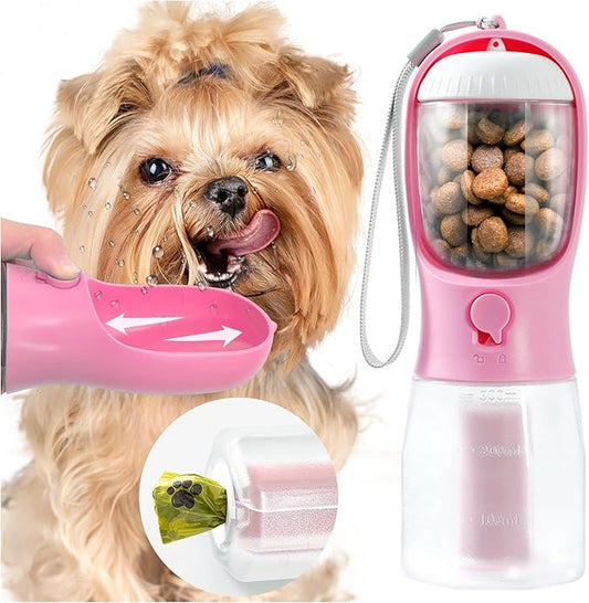 Portable Water Bottle for Small Dogs, 3 in 1 Pet Travel Bowl Dispenser with Food Treat Container & Poop Bag Holder, Summer Walking Hiking Accessories for Puppy On The Go - Pink, 10oz