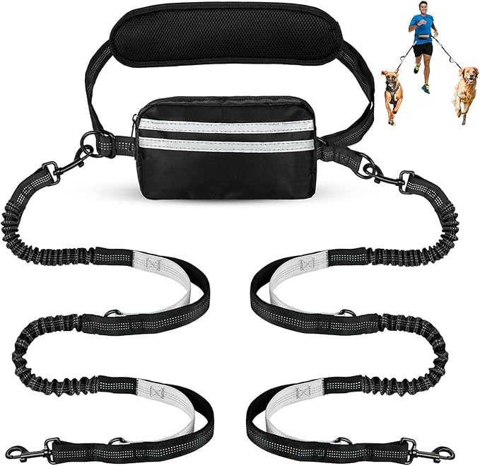 Hands Free Dog Leash with Pouch, Double Leash for Two Dogs, Retractable Bungee with Double Padded Handles, Dog Waist for Dog Walking,Dog Walking Accessories,Black Grey