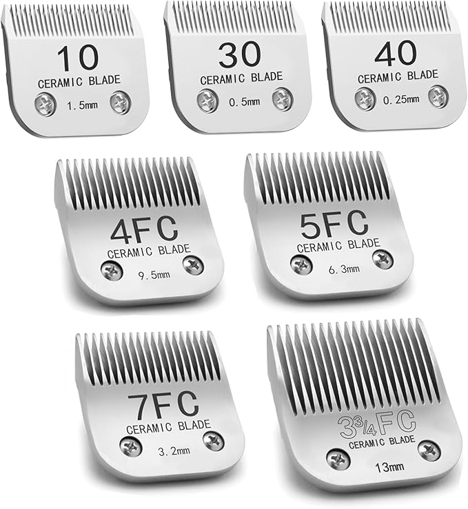 Docal Detachable Clipper Ceramic Blades 10#/30#/40#/3FC/4FC/5FC/7FC Silver, Dog Grooming Clipper Replacement Blades Compatible with KM Series Clippers, Most A5, Cut Length 0.25mm to 13mm, 7 Packs