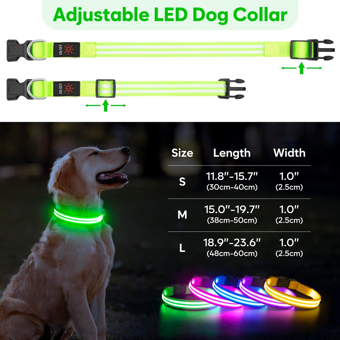 BSEEN Light Up Dog Collar - LED Dog Collar Rechargeable Lighted Pet Collars Glow in The Dark Puppy Collar Safety Dog Lights for Night Walking(Green, Small)
