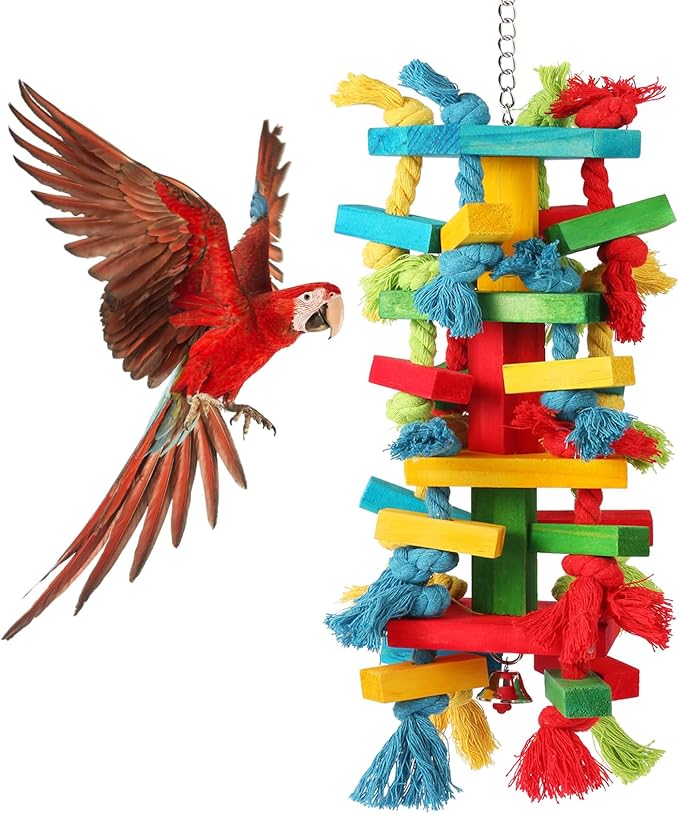 Bird Toys for Large Parrots Natural Wood Block Chewing Toy for Macaws, Cockatoos, African Greys Parrot Cage Hanging Bite Toy for Beak Exercise and Entertainment