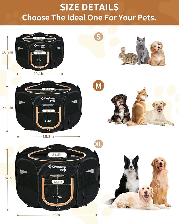 KingCamp Dog Playpen, Portable Foldable Cat Kitten Puppy Tent Crates 29"/36"/50" Pop Up Pet Playpen with Zippered Bottom & Cover for Indoor Outdoor Use (Medium, Black)