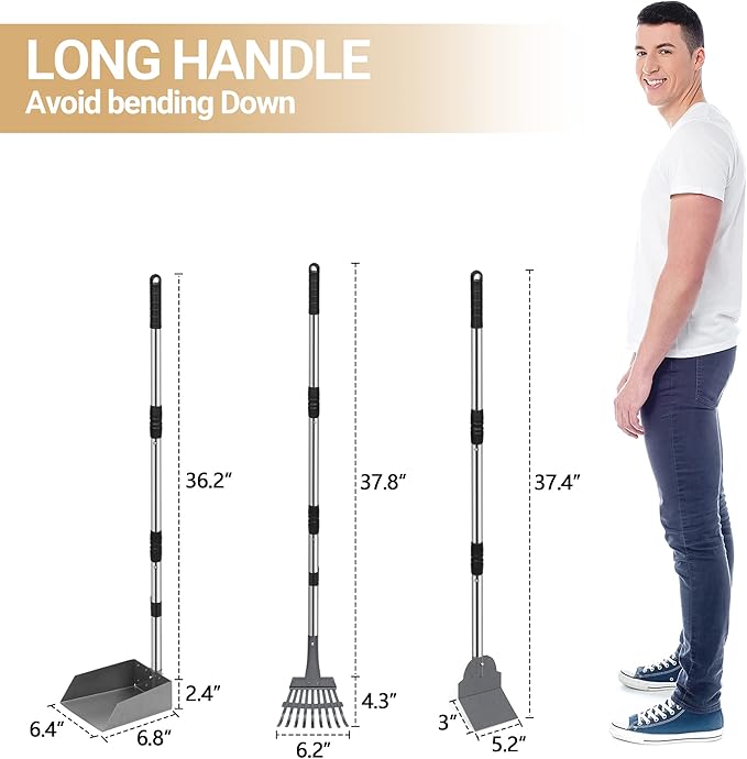 Heeyoo Dog Pooper Scooper, Dog Poop Tray and Rake Set, Pet Waste Removal Scoop with Long Adjustable Sectional Stainless Handles