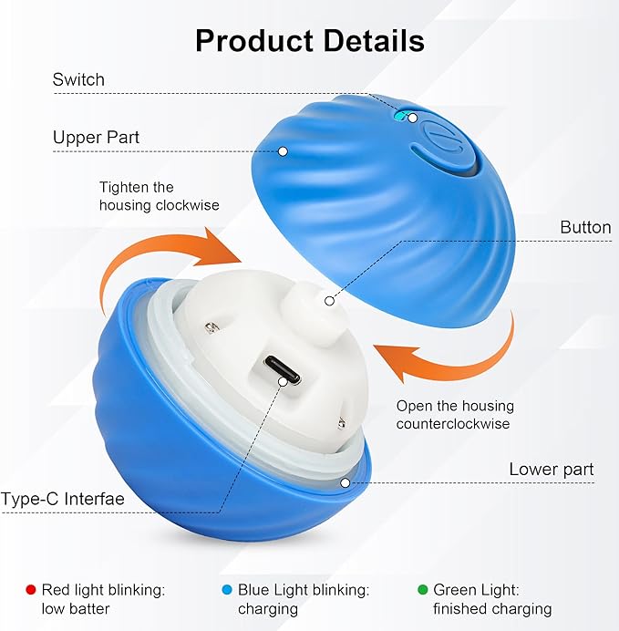 Smart Interactive Dog Toy Ball, Active Rolling Wicked Ball with Automatic Bouncing and Rotating for Puppy/Small Dogs Durable, Chewable, USB Recharger and Fun Gift Toy to Dog (Large)