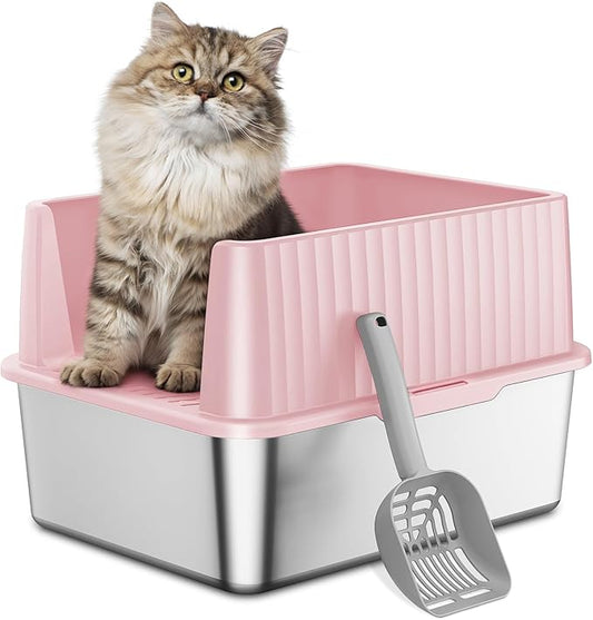 Zarler Stainless Steel Litter Box for Kittens, Small Cat Litter Box 17" L x 13" W x 11.8" H, Metal Kitty Litter Boxes with High Sides, Pink (Non-Sticky, Easy to Clean, Anti-Urine Leakage)