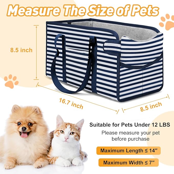 Portable Dog Car Seat for Small Dogs - Adjustable Safety Leash, Washable Cushion & Storage Pocket - Pet Booster Seat for Car Travel- Blue Stripes