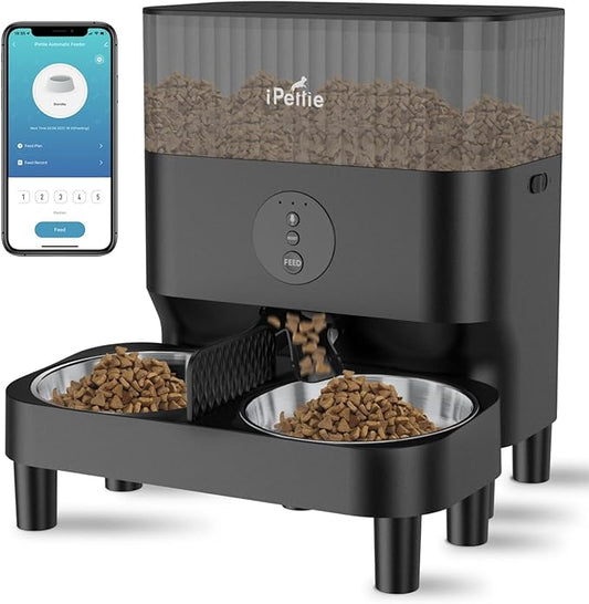 iPettie Automatic WiFi Pet Feeder for 2 Pets, 5L Capacity, 1-10 Meals Per Day, Adjustable Bowl Height, Smart Dog Cat Feeder with 2 Stainless Steel Bowls, 2.4G WiFi App Control for Cats and Small Dogs