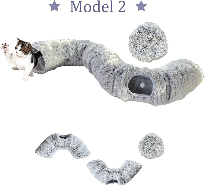 Collapsible Cat Tunnel Bed - Plush Multifunctional Pet Bed & Play Tunnel Toys with Hanging Balls & Peepholes for Indoor Kitty Kitten Puppy Rabbit Ferret