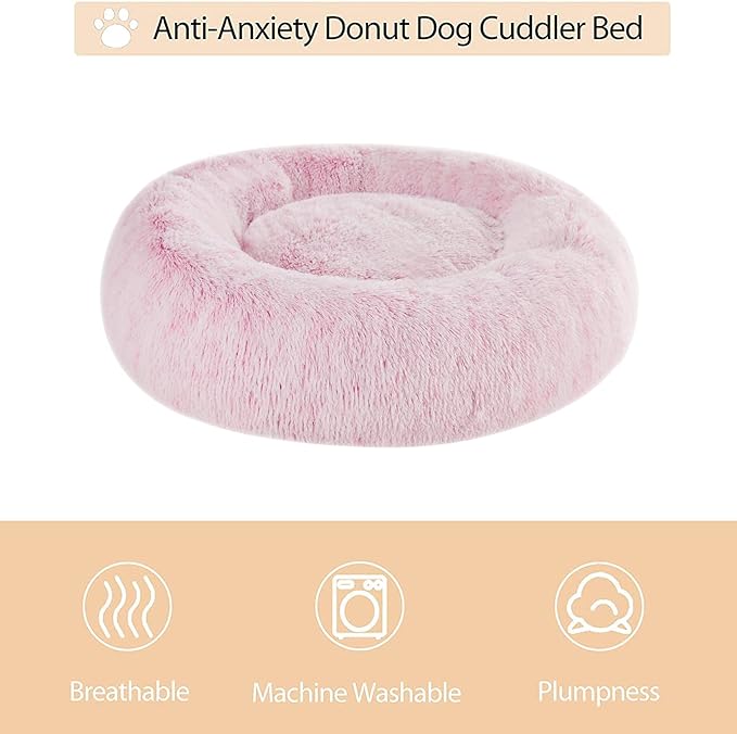 WNPETHOME Calming Dog Bed Cat Bed Donut, Faux Fur Pet Bed Self-Warming Donut Cuddler, Comfortable Round Plush Dog Beds (20 x 20 x 8 Inch, Light Pink)