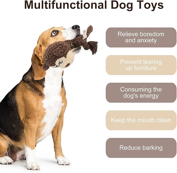 Dog Toys, Dog Squeaker Toys with Crinkle Paper, Stuffed Animal Dog Plush Chewing Toy, Cotton Rope Interactive Toys for Puppy, Small, Middle Dogs (Brown Monkey)