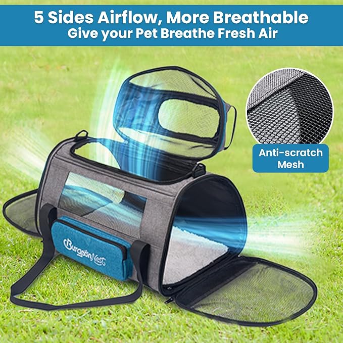 BurgeonNest Top-Expandable Pet Carrier, Airline Approved Dog Cat Carrier, Soft-Sided Puppy Kitten Carriers Up to 15 Lbs, Underseat Travel with Storage Pocket and Anti-Scratch Mesh, 18x11x11, Blue