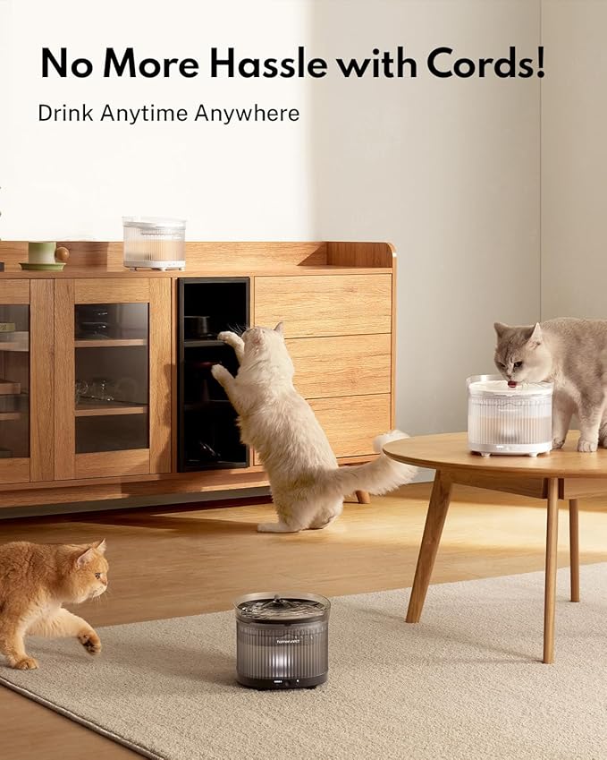HomeRunPet Cat Water Fountain, Cordless Pet Fountain 30-Days Battery Operated, 2L/68oz Water Fountains for Cats Indoor, Cat Fountain with Quiet Wireless Pump & Easy-Clean Detachable