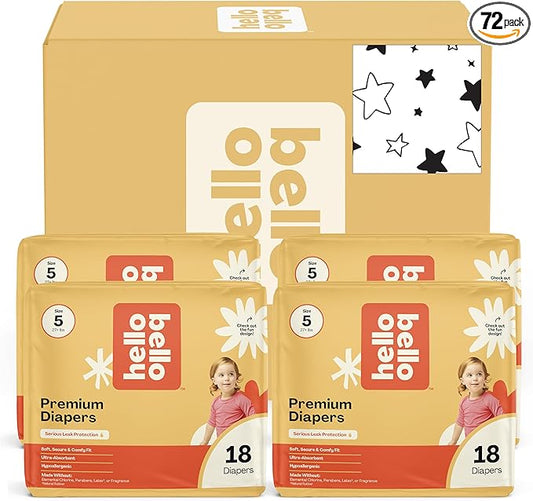 Hello Bello Diapers, Size 5 (27+ lbs) Superstars - 72 Count Value Pack of Premium Disposable Baby Diapers, Hypoallergenic with Soft, Cloth-Like Feel