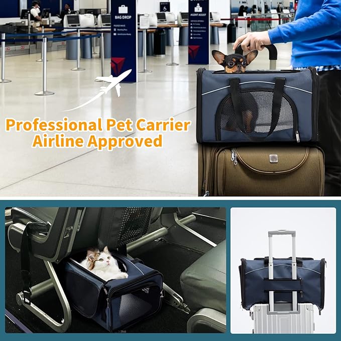 ‌Petsfit Airline Approved Pet Carrier for Small Dogs & Cats, 19x9x12 TSA Approved Carrier, with Removable Dual-Sided Padding (2-Way Placement) - Fits Under Most Airplane Seats, Escape Proof (Navy)